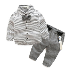 Newborn baby clothes children clothing gentleman baby boy grey striped shirt+overalls fashion baby boy clothes newborn clothes - Here Comes A Baby